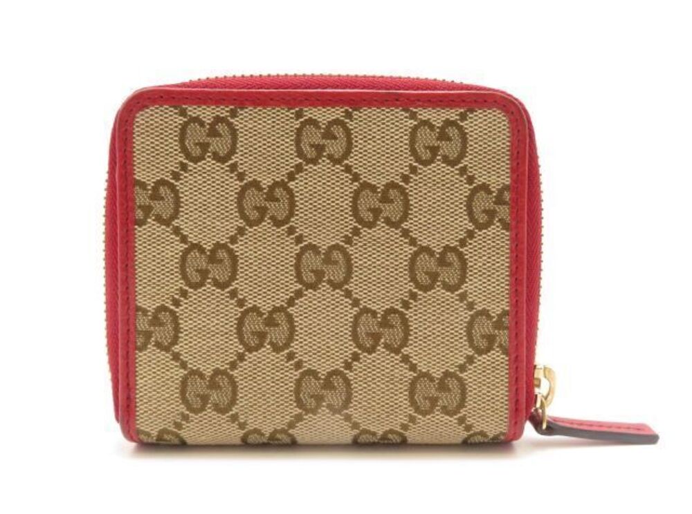 Gucci GG Bi fold Round Zipper Wallet Beige Cream Red Accessories Canvas Leather